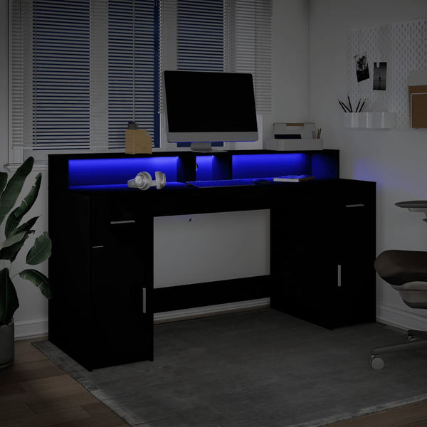 Työpöytä LED-valoilla musta 160x55x91 cm tekninen puu
