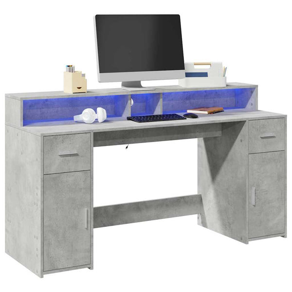 Työpöytä LED-valoilla betoninharmaa 160x55x91 cm tekninen puu