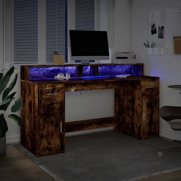 Työpöytä LED-valoilla savutammi 160x55x91 cm tekninen puu