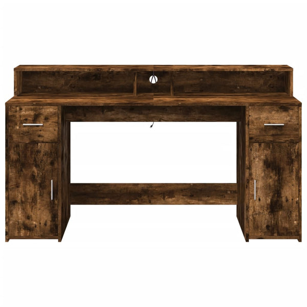 Työpöytä LED-valoilla savutammi 160x55x91 cm tekninen puu