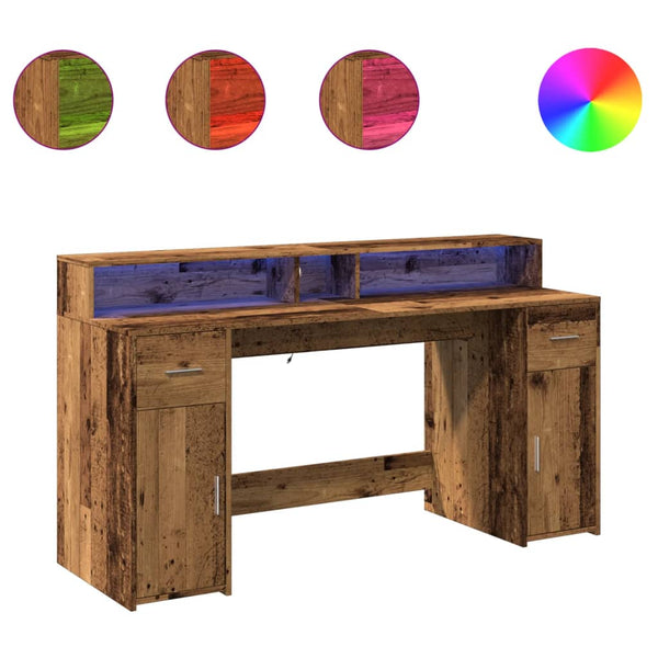Työpöytä LED-valoilla vanha puu 160x55x91 cm tekninen puu