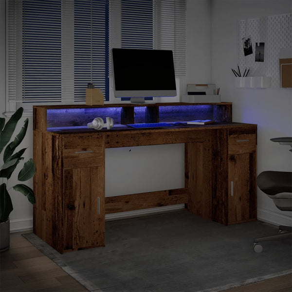 Työpöytä LED-valoilla vanha puu 160x55x91 cm tekninen puu