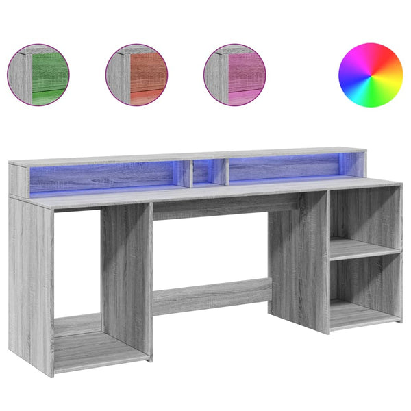 Työpöytä LED-valoilla harmaa Sonoma 200x55x91 cm tekninen puu