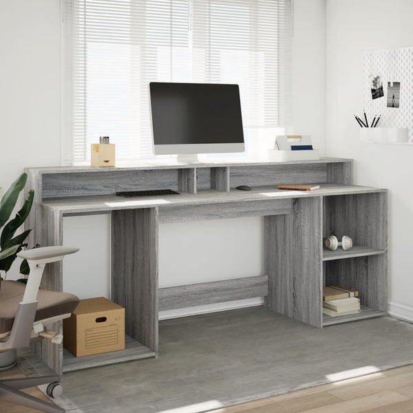 Työpöytä LED-valoilla harmaa Sonoma 200x55x91 cm tekninen puu