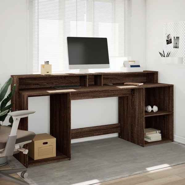 Työpöytä LED-valoilla ruskea tammi 200x55x91 cm tekninen puu