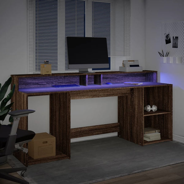 Työpöytä LED-valoilla ruskea tammi 200x55x91 cm tekninen puu