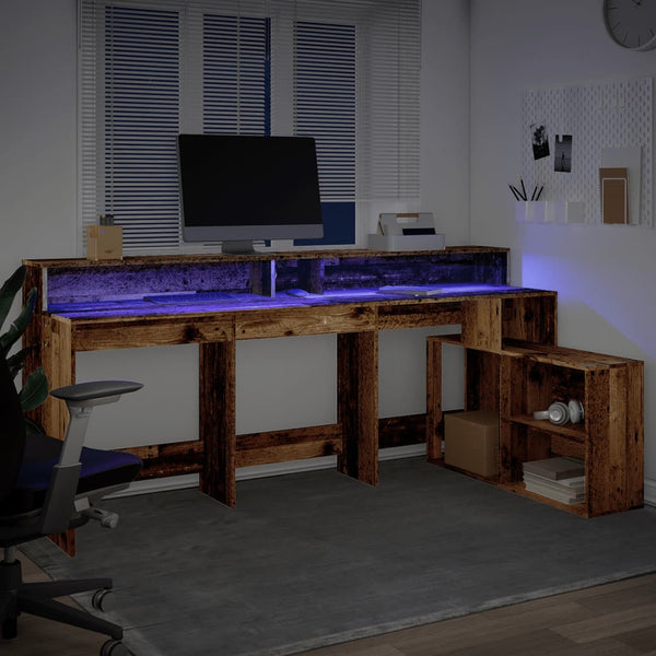 Työpöytä LED-valoilla vanha puu 200x104x91 cm tekninen puu
