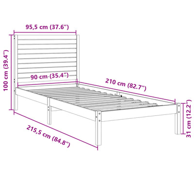 Sängynrunko erikoispitkä ilman patjaa 90x210 cm massiivipuu