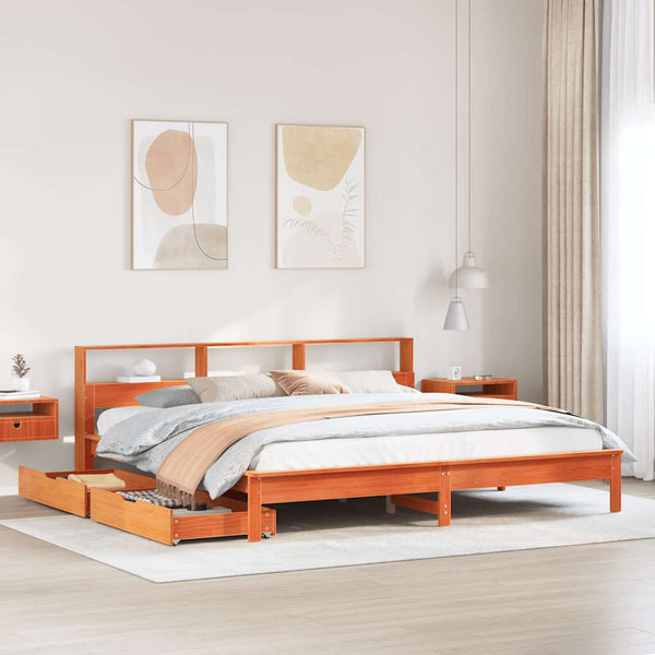 Sänky kirjahyllyllä ei patjaa vahanrusk. 200x200 cm täysi mänty