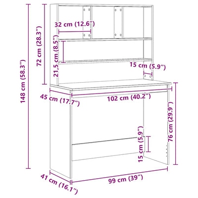 Käsityöläinen tammi työpöytä hyllyillä Tayeb 102x45x148cm