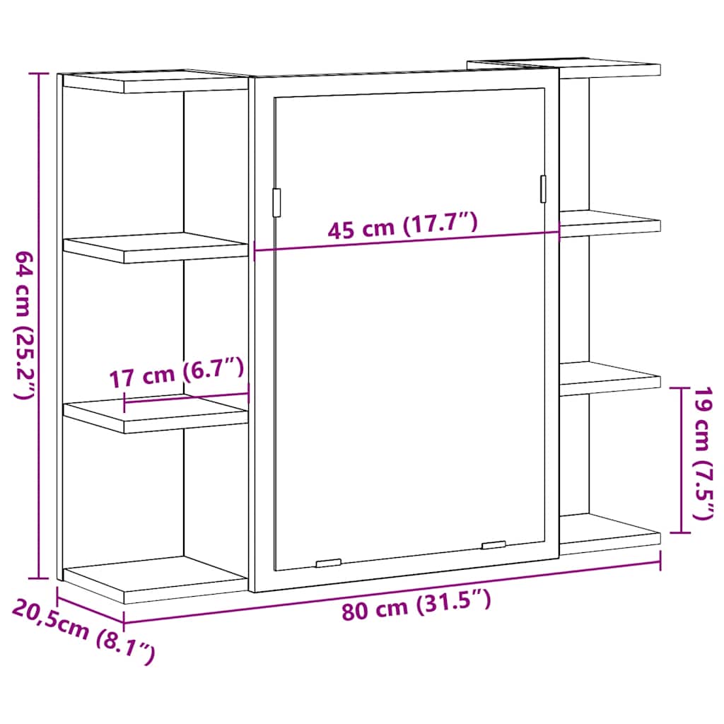 Betoninharmaa kylpyhuoneen peilikaappi Cadipe 80x20,5x64cm (lastulevy)