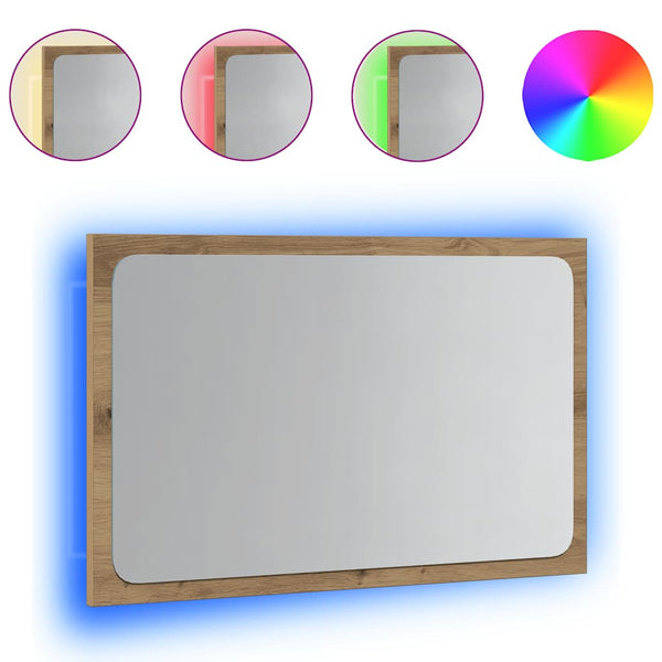 Kylpyhuoneen peili LED-valoilla artesaani tammi 60x8,5x38 cm