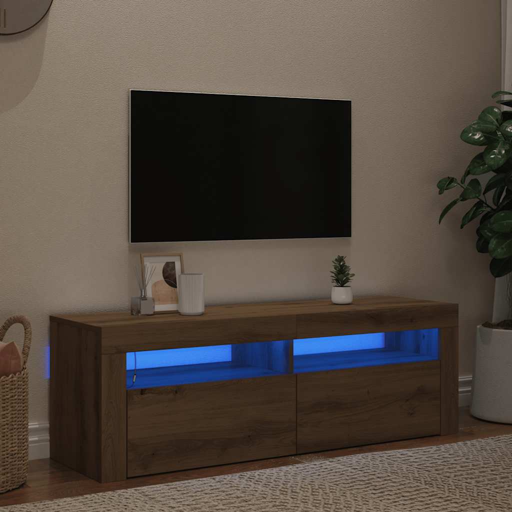 Käsityöläinen tammi tv-kaappi led-valoilla Nunut 120x35x40cm