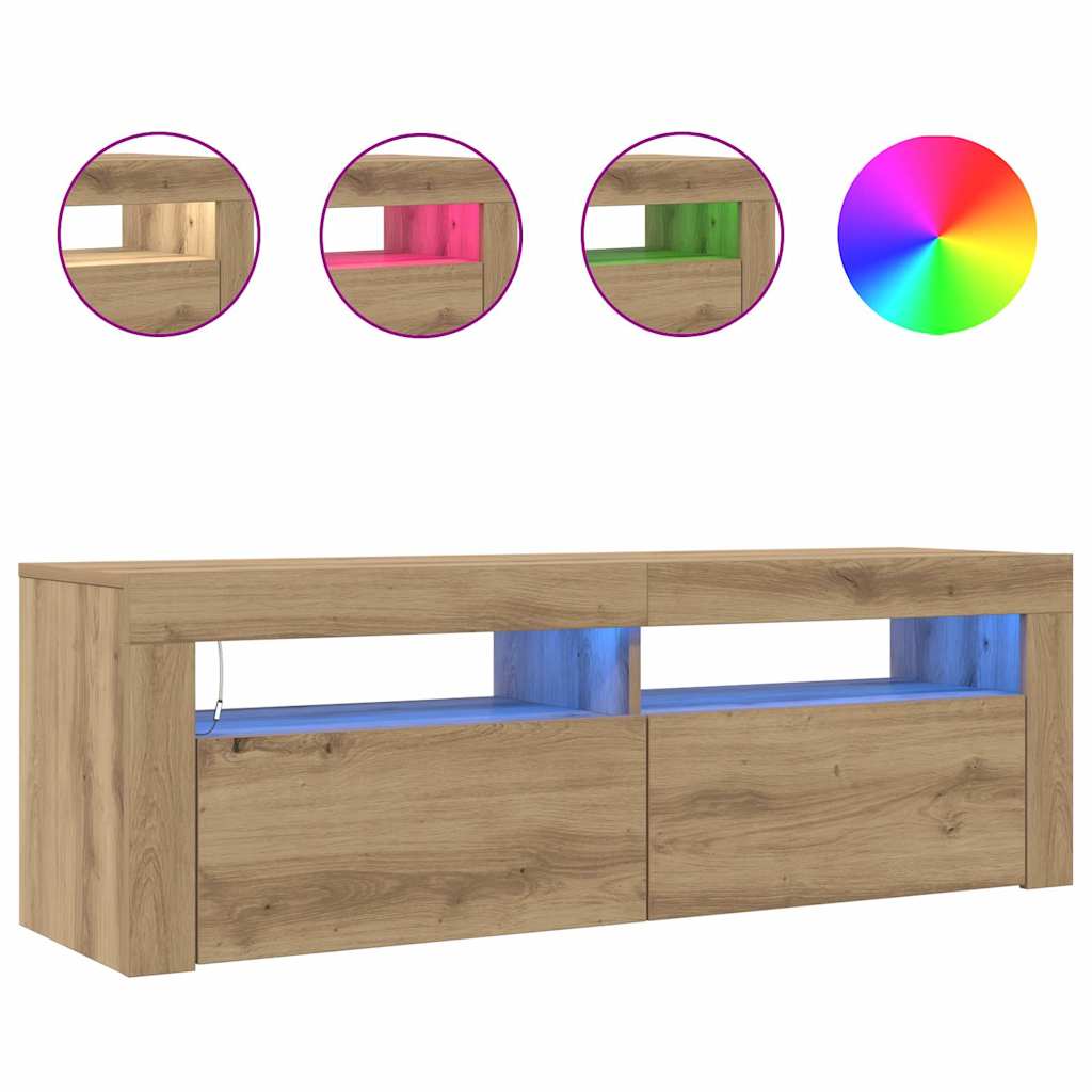 Käsityöläinen tammi tv-kaappi led-valoilla Nunut 120x35x40cm