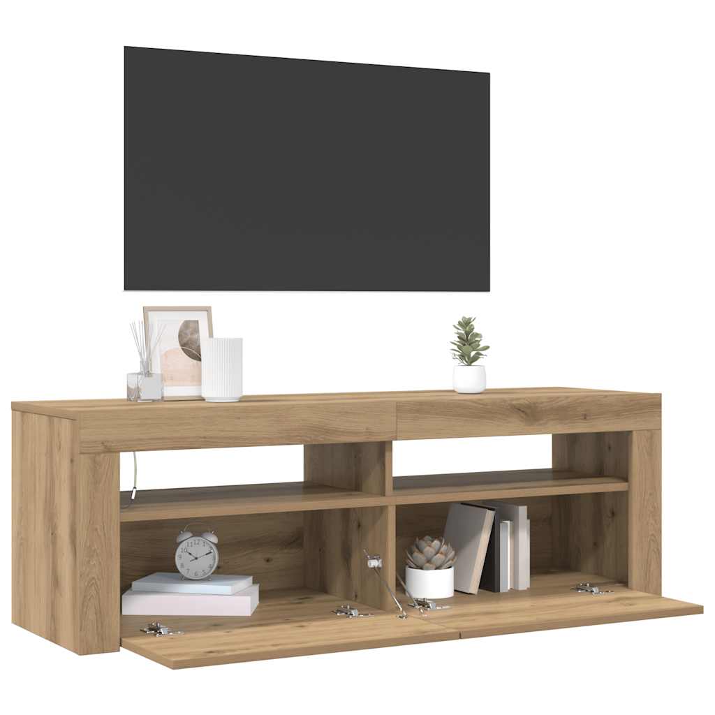 Käsityöläinen tammi tv-kaappi led-valoilla Nunut 120x35x40cm