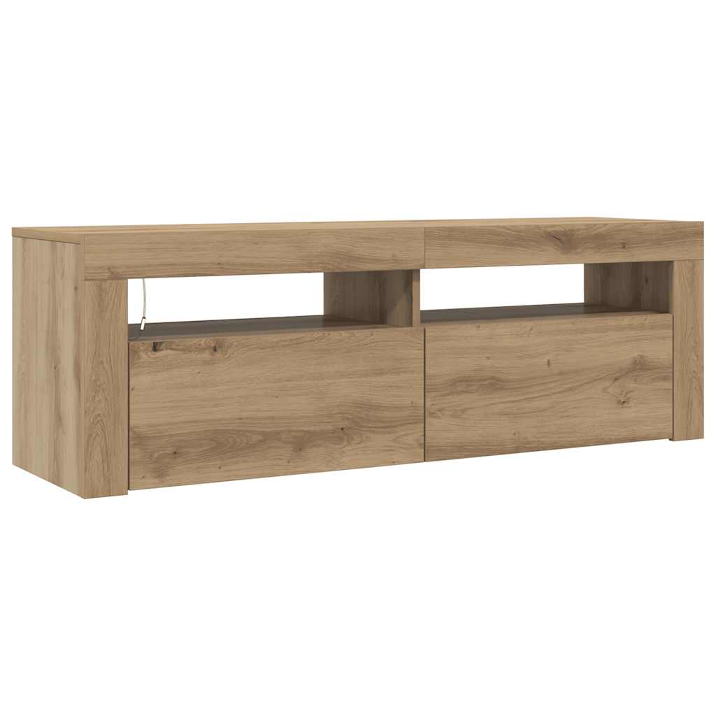 Käsityöläinen tammi tv-kaappi led-valoilla Nunut 120x35x40cm