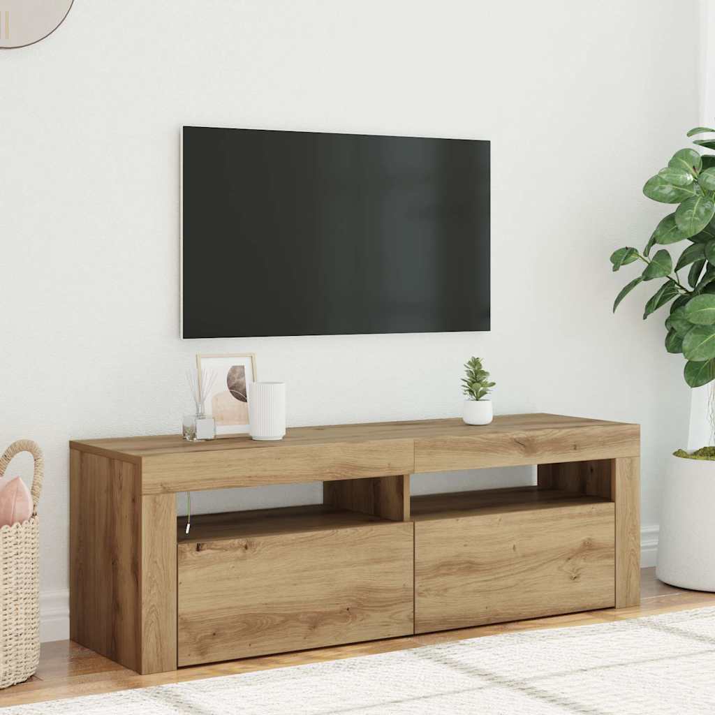Käsityöläinen tammi tv-kaappi led-valoilla Nunut 120x35x40cm