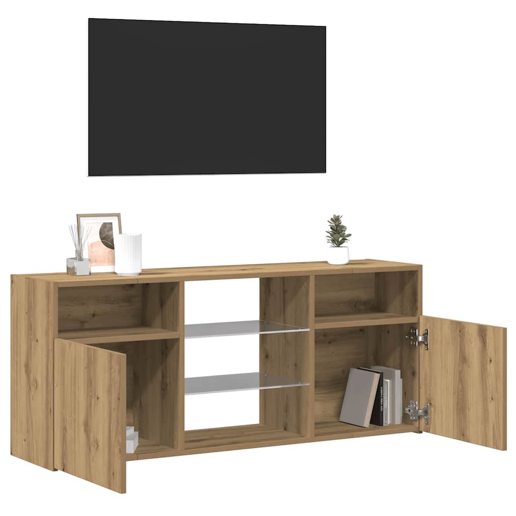 Käsityöläinen tammi tv-kaappi led-valoilla Zornia 120x30x50cm