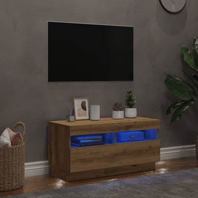 TV-kaappi LED-valoilla käsityöläinen tammi tekninen puu