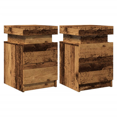 Yöpöydät LED-valoilla 2 kpl vanha puu 35x39x55 cm tekninen puu