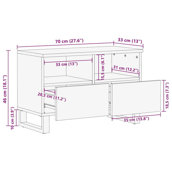 TV-kaappi laatikolla, ruskea, 70 x 33 x 46 cm, valmistettu täysistä mangopuun materiaaleista
