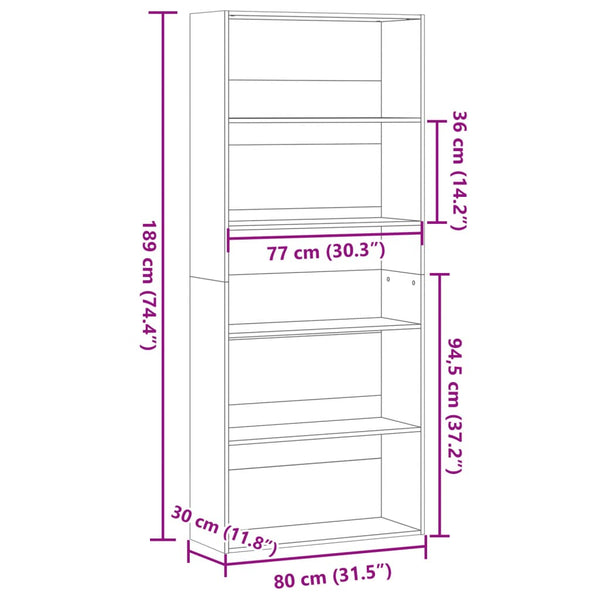 Kirjahylly musta 80x30x189 cm lastulevy