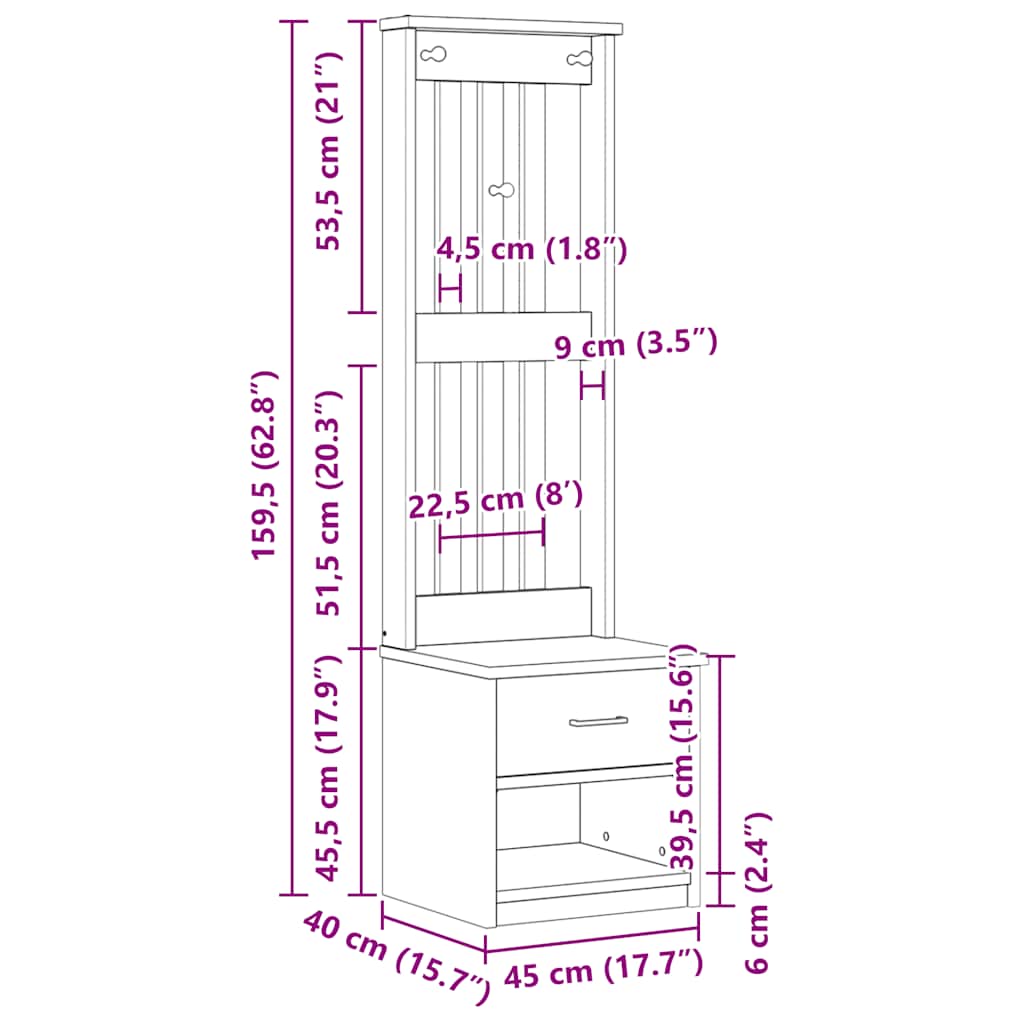 Israelo Hallin puu sandens 45x40x159,5cm (mänty)