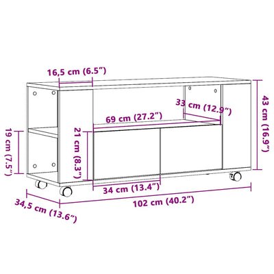 TV-kaappi pyörillä vanha puu 102x34,5x43 cm teknillinen puu