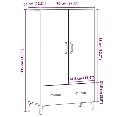 Kaappi vanhaa puuta 70x31x115 cm tekninen puu