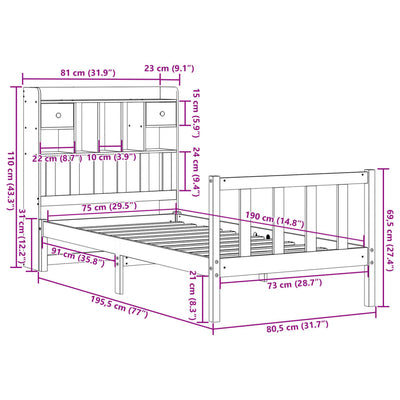 Valkoinen sänky kirjahyllyllä ei patjaa Resiga 75x190cm (mänty)