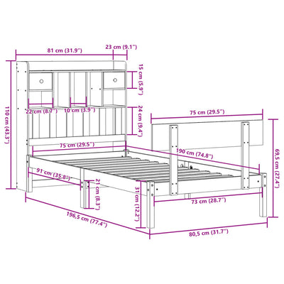 Sänky kirjahyllyllä ei patjaa valkoinen 75x190 cm täysi mänty