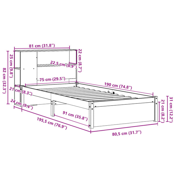 Sänky kirjahyllyllä ilman patjaa 75x190 cm täysi mänty
