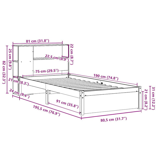 Sänky kirjahyllyllä ei patjaa valkoinen 75x190 cm täysi mänty