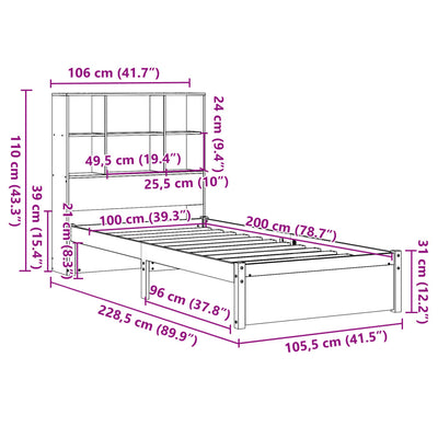 Sänky kirjahyllyllä ilman patjaa 100x200 cm täysi mänty
