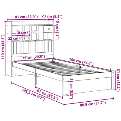 Sänky kirjahyllyllä ei patjaa valkoinen 75x190 cm täysi mänty