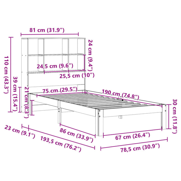 Sänky/kirjahylly ilman patjaa vahanruskea 75x190 cm täysi mänty
