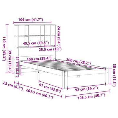 Sänky/kirjahylly ei patjaa vahanruskea 100x200 cm täysi mänty