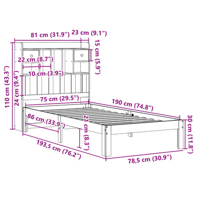 Sänky kirjahyllyllä ilman patjaa 75x190 cm täysi mänty