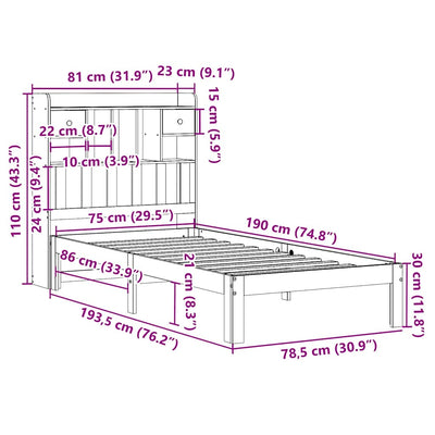Valkoinen sänky kirjahyllyllä ei patjaa Adinele 75x190cm (mänty)