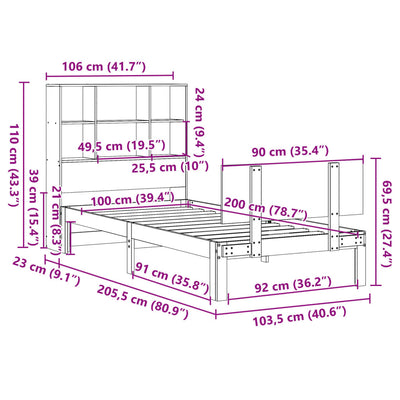 Sänky kirjahyllyllä ilman patjaa 100x200 cm täysi mänty