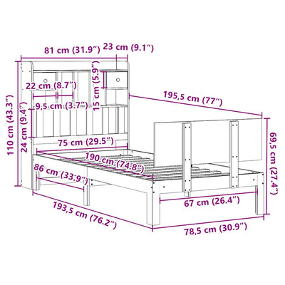 Sänky kirjahyllyllä ei patjaa valkoinen 75x190 cm täysi mänty