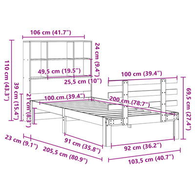 Sänky kirjahyllyllä ilman patjaa 100x200 cm täysi mänty