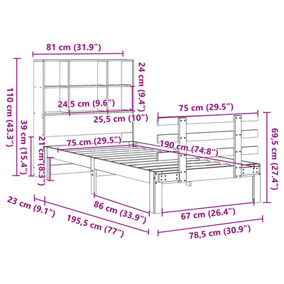 Sänky/kirjahylly ilman patjaa vahanruskea 75x190 cm täysi mänty