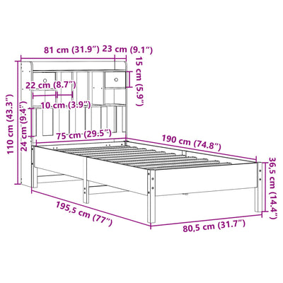 Sänky kirjahyllyllä ei patjaa valkoinen 75x190 cm täysi mänty