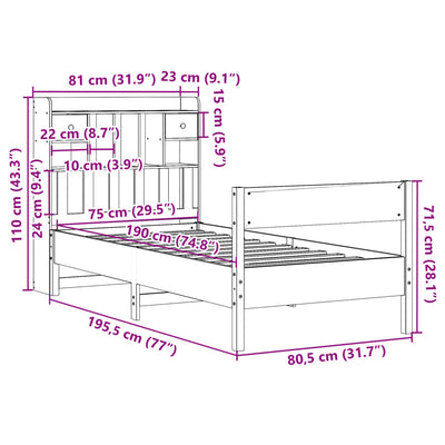 Sänky kirjahyllyllä ei patjaa valkoinen 75x190 cm täysi mänty