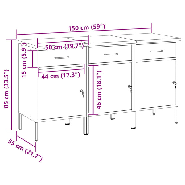 Työpöytäkaappi 3 kpl Punainen ja harmaa 150 x 55 x 85 cm
