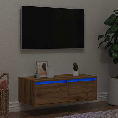 Käsityöläinen tammi tv-kaappi led-valoilla Ojovan 75x35,5x25cm