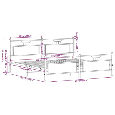 Ruskea tammi metallinen sängynrunko ilman patjaa Trufasu 200x200cm