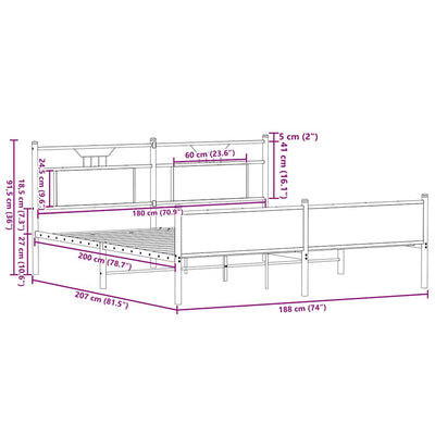 Sonoma-tammi metallinen sängynrunko ilman patjaa Trufasu 180x200cm