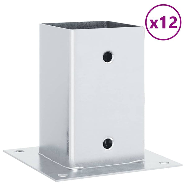 Pylväiden jalustat neliö 12 kpl hopea 81x81 mm galvanoitu teräs